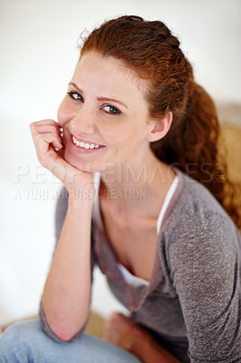 Buy stock photo Portrait, woman and rest on steps at house for calm morning, weekend break and peace with gratitude. Smile, girl and relaxing on apartment stairs with comfort, confidence and carefree for enjoyment