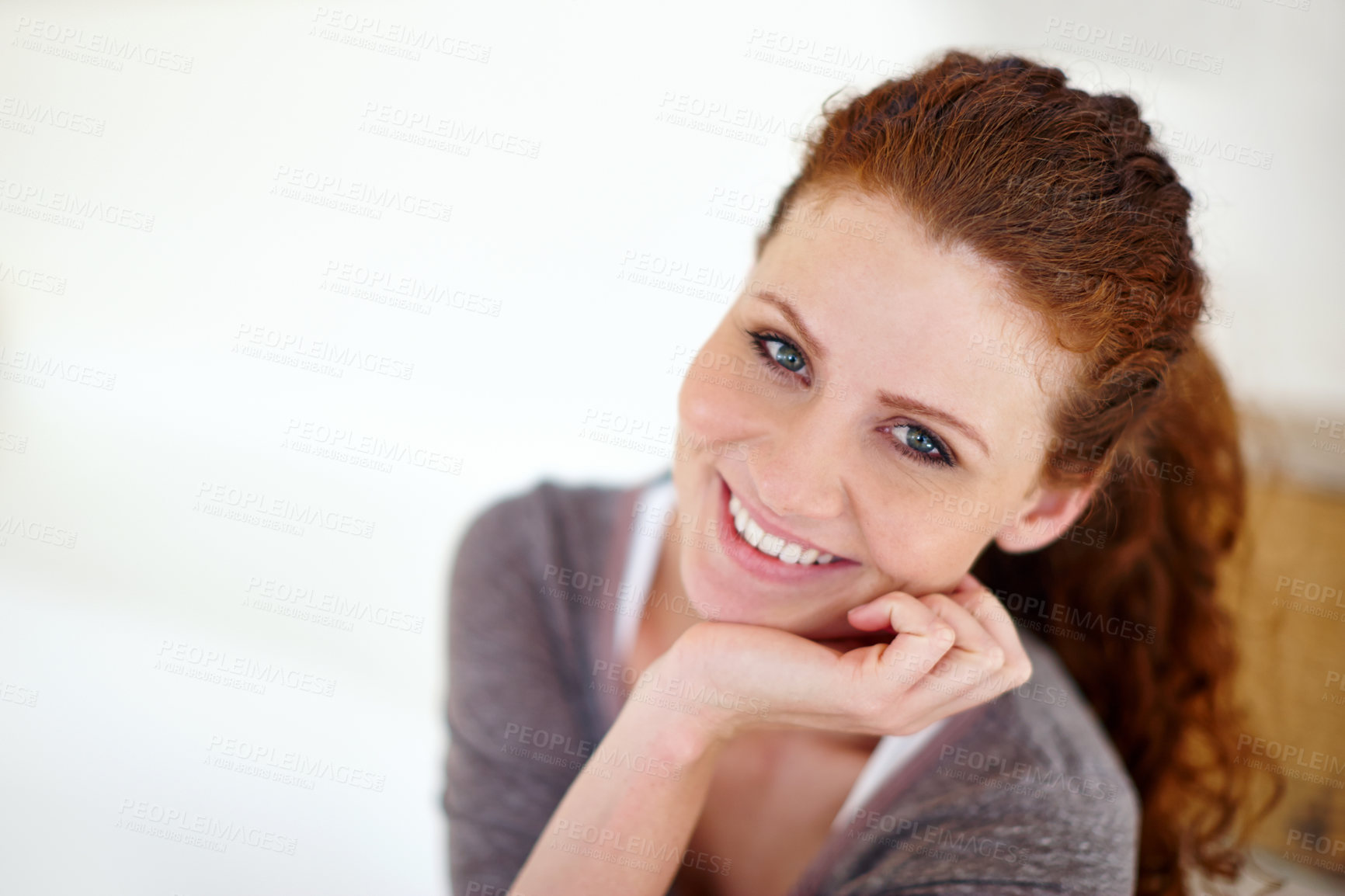 Buy stock photo Portrait, girl and relax with smile at house for calm morning, weekend break and peace with wellness. Happy, woman and resting in cozy apartment with comfort, confidence and carefree for enjoyment