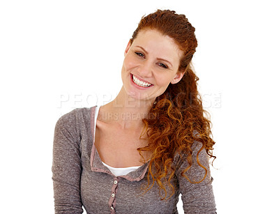 Buy stock photo Woman, portrait and happy for fashion in studio with casual wear, style and outfit on white background in England. Female person, red hair and smile or satisfied with confidence, pride or comfortable