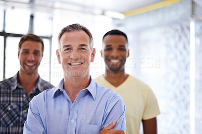 Buy stock photo Portrait, business people and men in office, leader and cooperation for project, confidence and pride. Face, employees and coworkers with collaboration for proposal, happiness and startup development