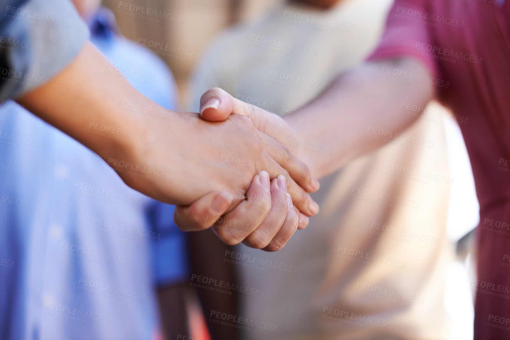 Buy stock photo Business, people and welcome with handshake at office for deal, agreement and partnership. Closeup, employees and greeting on meeting with achievement for teamwork, collaboration and company merge