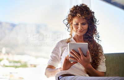 Buy stock photo Sofa, businesswoman and smile with tablet for software, online update and reading information with scroll. Office, female person and web designer with digital for research, connect and page solution