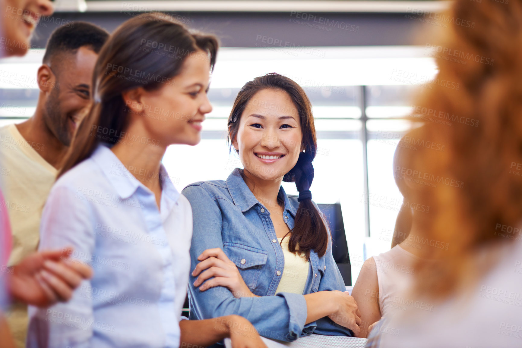 Buy stock photo Business people, circle and woman in portrait at startup, meeting and happy with synergy in modern office. Group, scrum and arms crossed with team, brainstorming or problem solving at creative agency