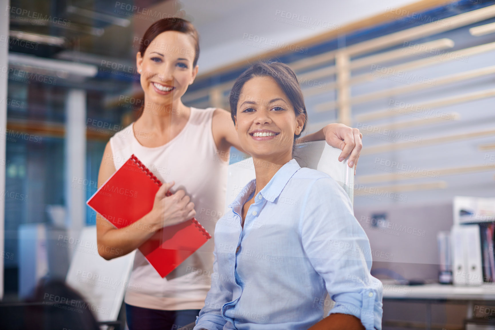 Buy stock photo Happy, documents and portrait of business women in office for meeting, planning and feedback. Professional, startup company and people with smile for teamwork, collaboration and working together