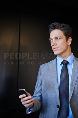 Buy stock photo Business, man and thinking with smartphone at office on internet, email notification and text message as lawyer. Male person, mockup space and employee on website or social media for communication