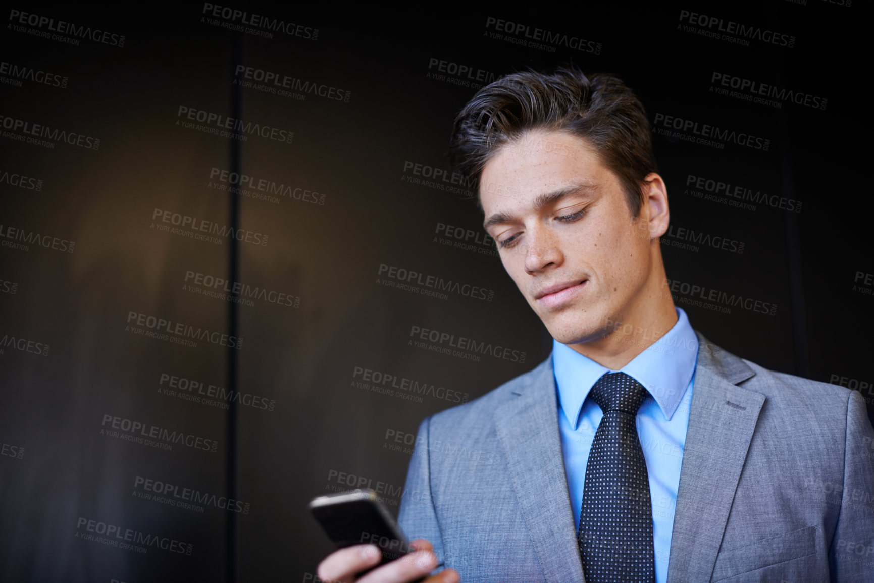 Buy stock photo Business, man and texting with smartphone at office on internet, email notification and message as lawyer. Male person, mockup space and employee on website or social media for communication