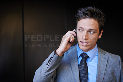 Buy stock photo Thinking, business and man with phone call in office for communication, legal advice and finance feedback. Person, accountant and talk on mobile with networking, negotiation and project opportunity