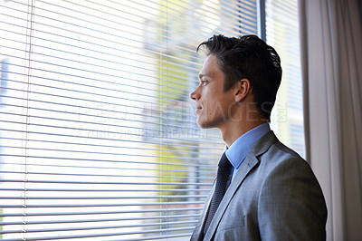 Buy stock photo Thinking, business and man with window in office for career reflection, finance ideas and investment solution. Thoughts, accountant and ambition with project opportunity, corporate and decision goals