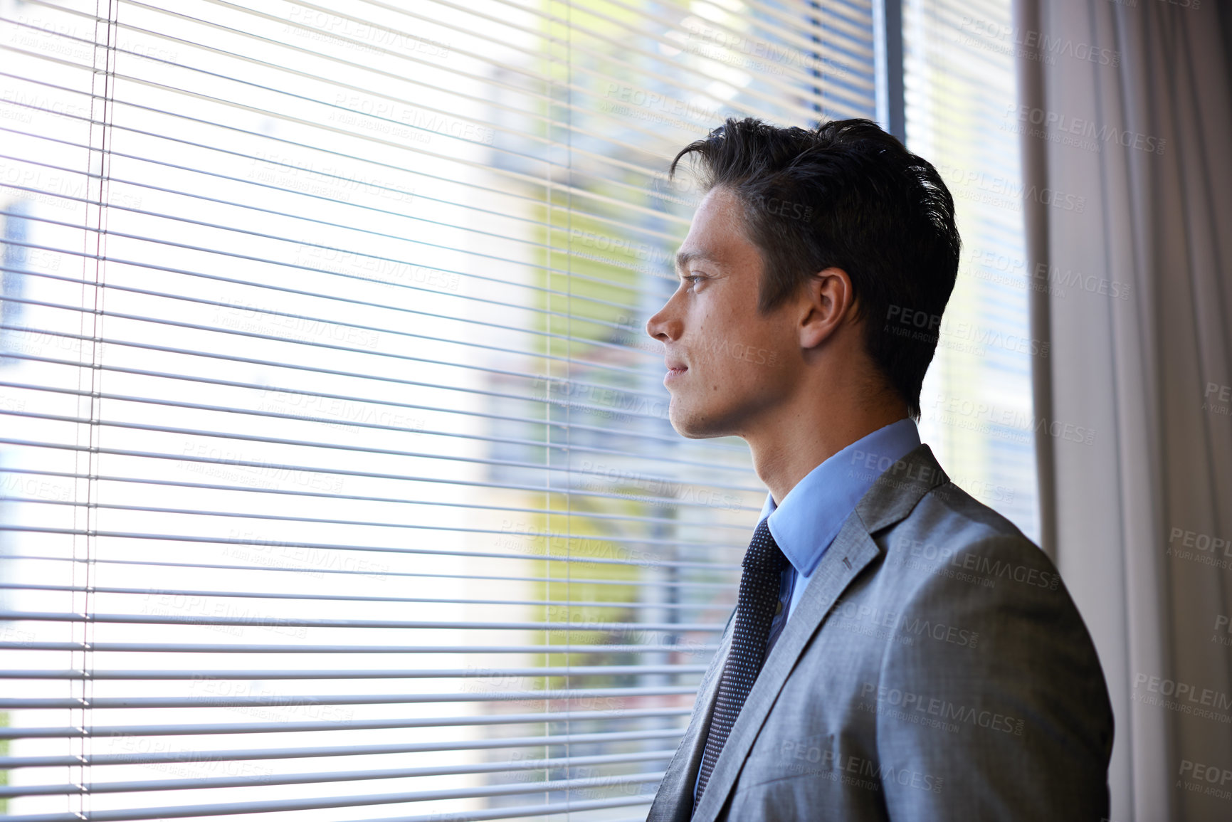 Buy stock photo Thinking, business and man with window in office for career reflection, finance ideas and investment solution. Thoughts, accountant and ambition with project opportunity, corporate and decision goals