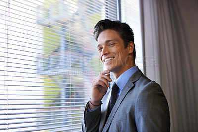 Buy stock photo Portrait, business and man with window in office for career reflection, finance ideas and investment solution. Thinking, accountant and ambition with project opportunity, corporate and decision goals