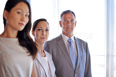 Buy stock photo Portrait of a mature businessman standing with two female colleagues