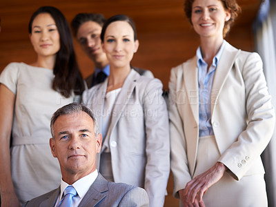 Buy stock photo Portrait, leader and group of business people in office together with diversity, lawyers and solidarity. About us, legal support and happy teamwork with confidence, pride and management at law firm