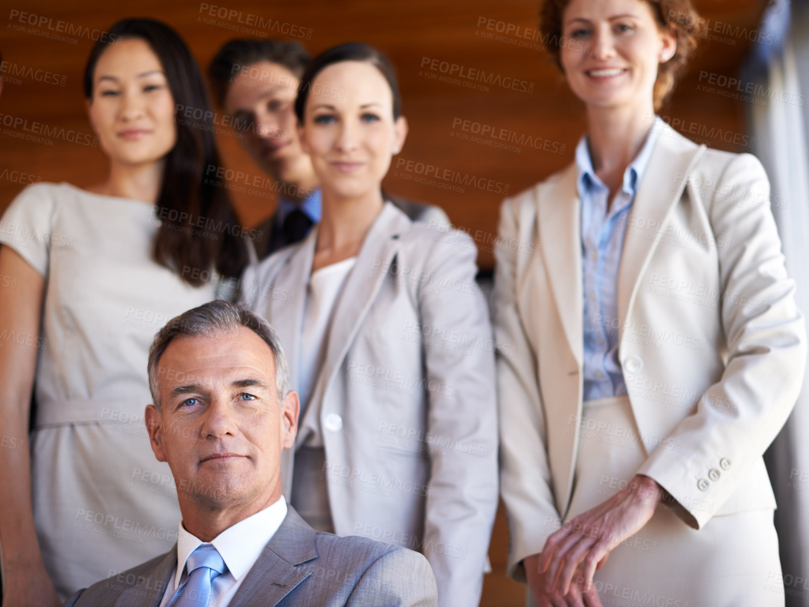 Buy stock photo Portrait, leader and group of business people in office together with diversity, lawyers and solidarity. About us, legal support and happy teamwork with confidence, pride and management at law firm