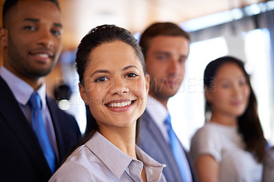 Buy stock photo Portrait, woman and group of business people in office together with diversity, smile and solidarity. About us, legal support and happy team with confidence, pride or management at corporate law firm