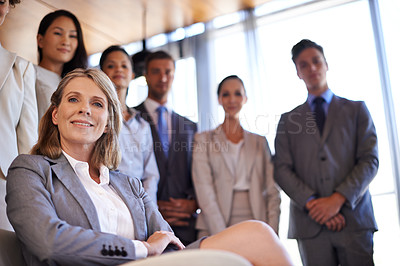 Buy stock photo Portrait, woman and business people in office leadership with diversity, smile and solidarity. About us, legal support and happy teamwork with confidence, pride and management at corporate law firm