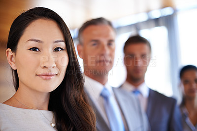 Buy stock photo Portrait, woman and group of business people with diversity, smile and solidarity at corporate law firm. About us, legal support and team of lawyers with confidence, pride and management in office