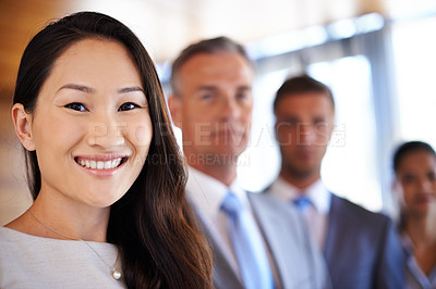 Buy stock photo Portrait, Asian woman and business people in office with diversity, smile and solidarity at corporate law firm. About us, legal support and happy team of lawyers with confidence, pride and management