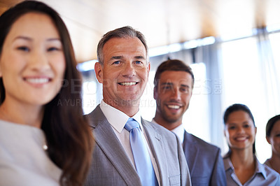 Buy stock photo Portrait, smile and group of business people with diversity, equality and solidarity at corporate law firm. About us, legal support and team of lawyers with confidence, pride and management in office