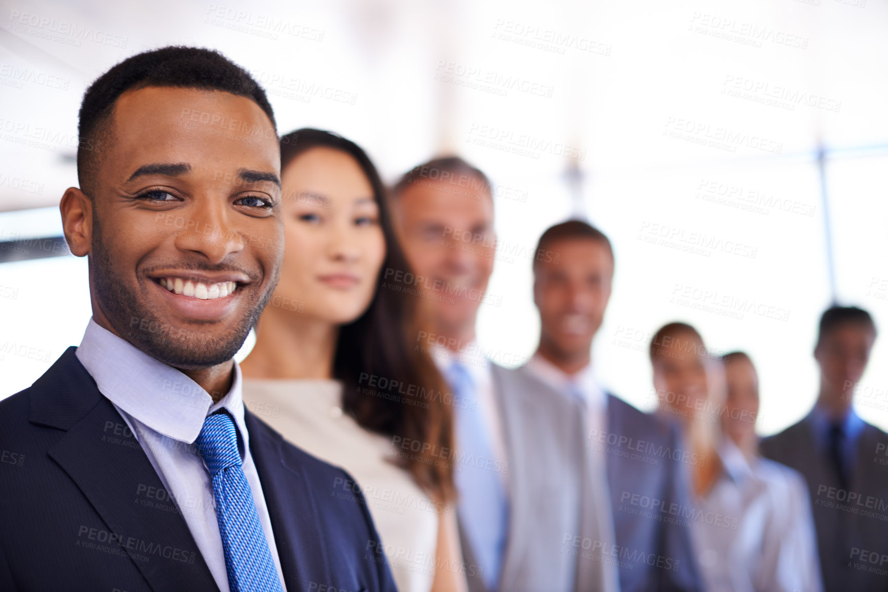 Buy stock photo Portrait, man and group of business people with diversity, smile and solidarity at corporate law firm. About us, legal support and team of lawyers with confidence, pride or staff management in office