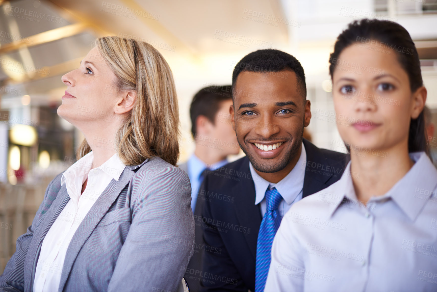 Buy stock photo Seminar, office and portrait of business people with diversity, smile and audience at corporate meeting. About us, group and happy team in conference with confidence, pride and support at workshop