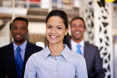 Buy stock photo Smile, office and portrait of business people with diversity, seminar and audience at corporate meeting. About us, group and happy team in conference with confidence, pride and support at workshop