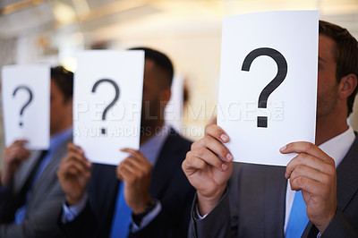 Buy stock photo Office, poster and business people with question mark on face for corporate, conference and solution. Employees, audience and sign with emoji at presentation for seminar, query and problem solving