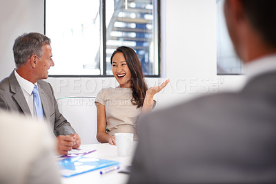 Buy stock photo Teamwork, meeting and corporate with business people in office for discussion, planning and project management. Partnership, brainstorming and proposal with employee in agency for coaching and idea