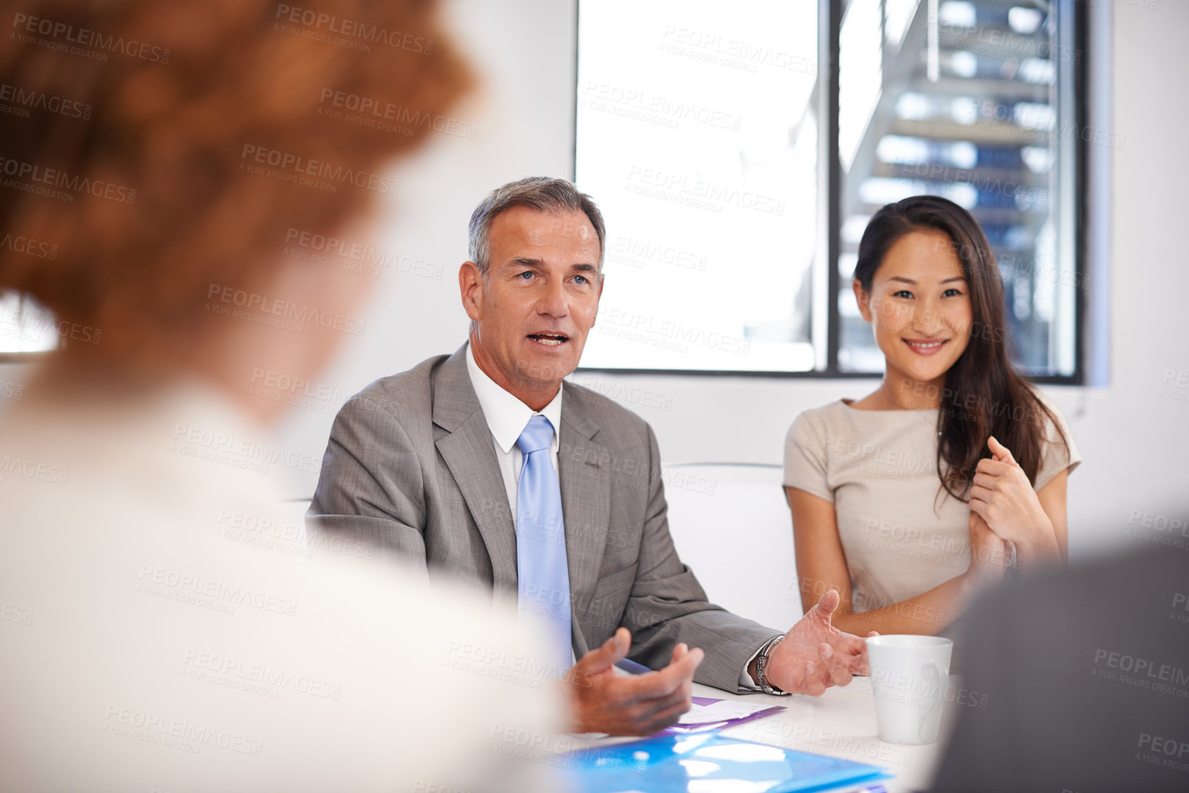 Buy stock photo Teamwork, mentor and planning with business people in office for meeting, partnership and project management. Proposal, brainstorming and corporate with employee in agency for coaching and idea