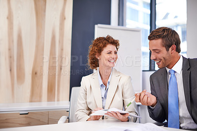 Buy stock photo Teamwork, paperwork and planning with business people in office for meeting, partnership and project management. Proposal, brainstorming and corporate with employee in agency for coaching and idea