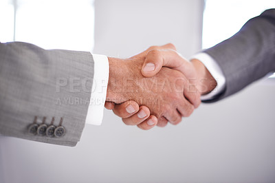 Buy stock photo Deal, meeting and business people with handshake in office for partnership, merger and consultation. Company, director and shaking hands with subsidiary for negotiation, agreement and b2b acquisition