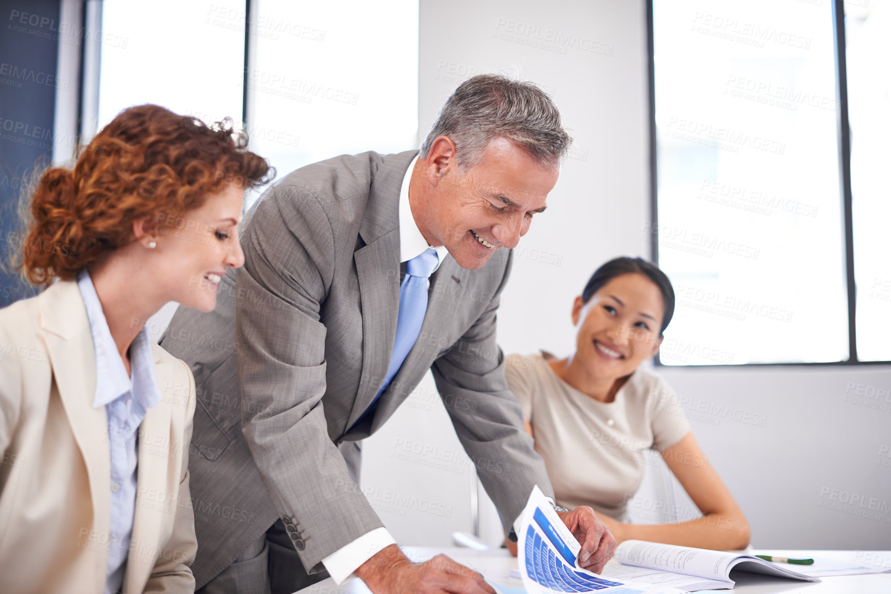 Buy stock photo Business people, collaboration and boss with team and conversation of work consultant staff. Happy, communication and brainstorming at table with planning and company operation review with paperwork