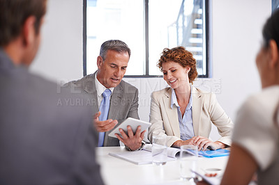 Buy stock photo Meeting, documents and business people on tablet in discussion for planning, teamwork and collaboration. Corporate, office and men and women on digital tech for feedback, review and finance report