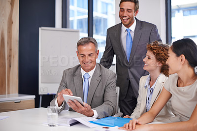 Buy stock photo Corporate, meeting and business people on tablet in office for planning, teamwork and collaboration. Professional, documents and men and women on digital tech for feedback, review and finance report