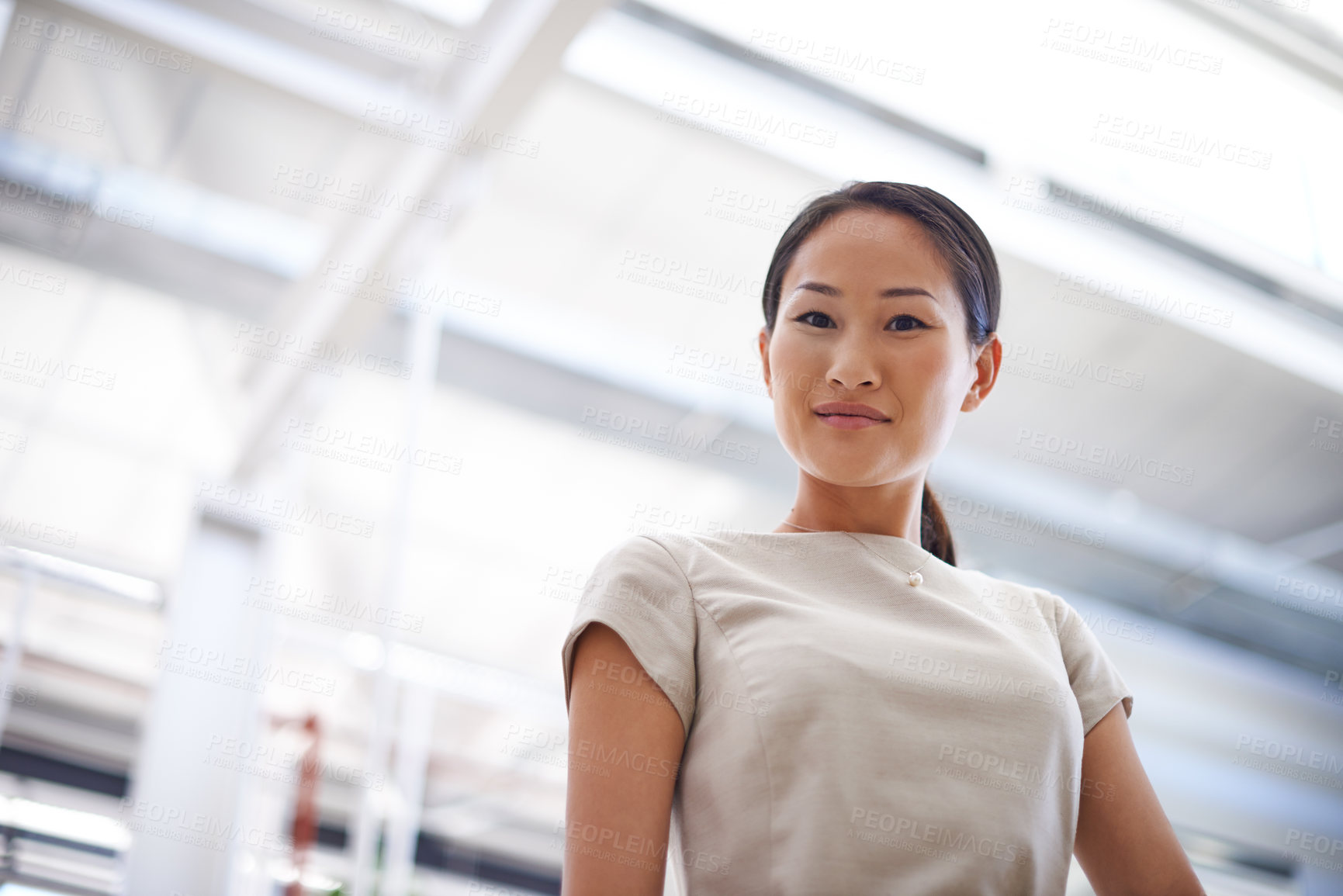 Buy stock photo Business, confidence and portrait of happy woman in office with ambition, opportunity or professional pride. Creative, consultant or Asian businesswoman in workplace with trust, smile and low angle.