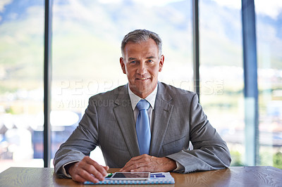 Buy stock photo Business, confidence and portrait of mature man in office for advice, management or budget planning. Professional, consultant or financial advisor with pride, trust and support at accounting agency