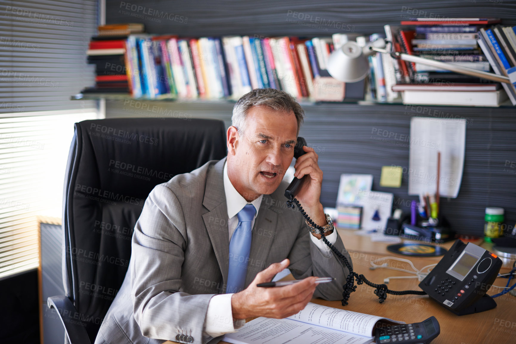 Buy stock photo Angry, business and man with phone call in office for online conflict, financial mistake and project accident. Mature, accountant and mobile of negotiation fight, document error and bankruptcy crisis