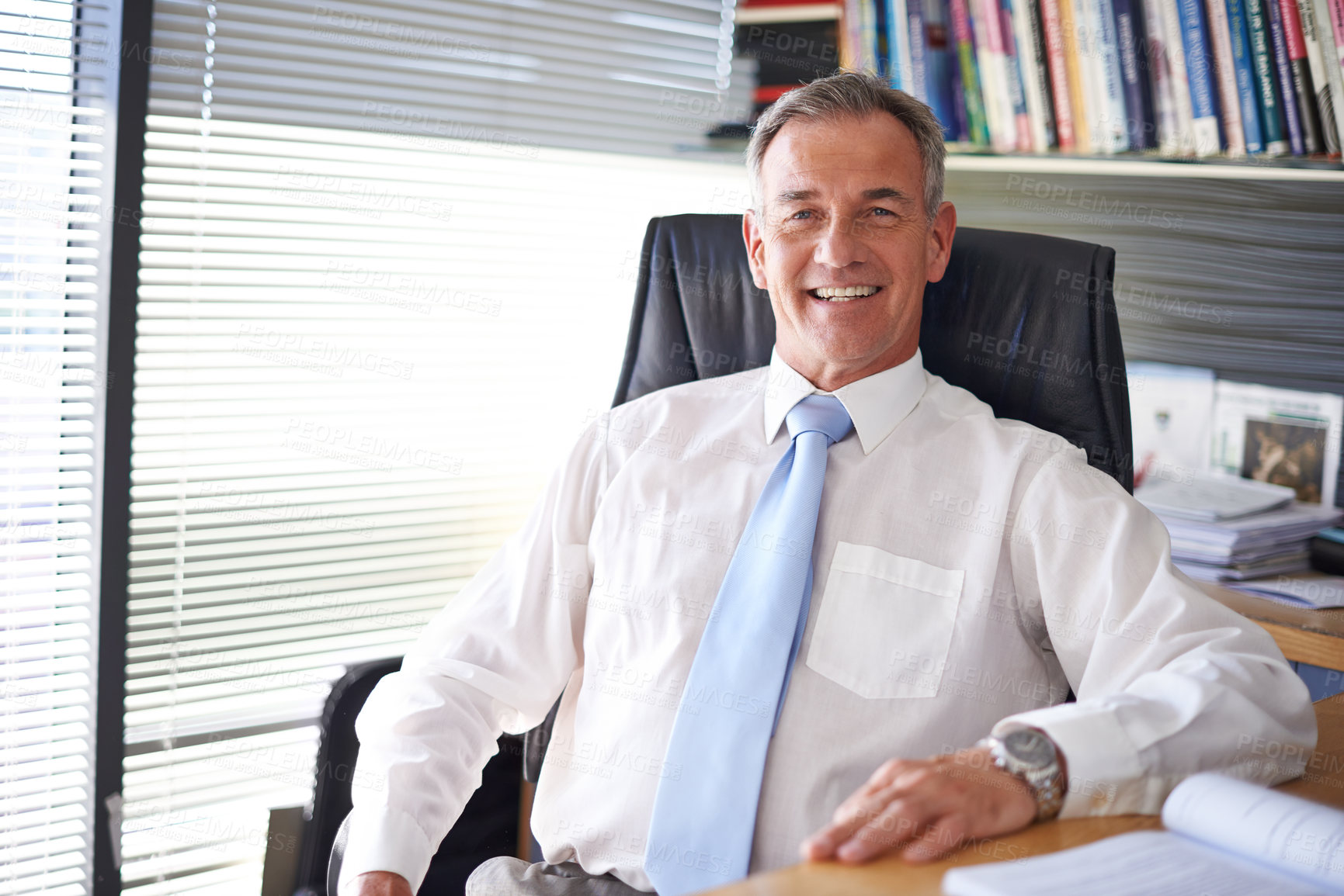 Buy stock photo Happy, business and portrait of mature man in office with company pride, confidence and smile. Corporate manager, professional accountant and person at desk for financial consulting, career and job