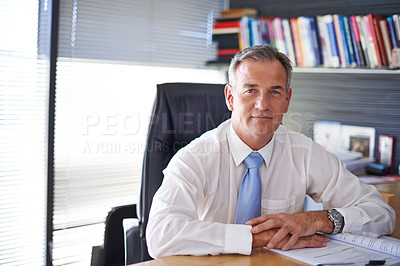 Buy stock photo Portrait of a handsome mature businessman sitting in his office