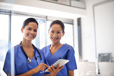 Buy stock photo Portrait, team and female nurse smile with digital tablet or healthcare planning or wellness analysis and in hospital. Research, collaboration and women doctor or medical support or result and clinic