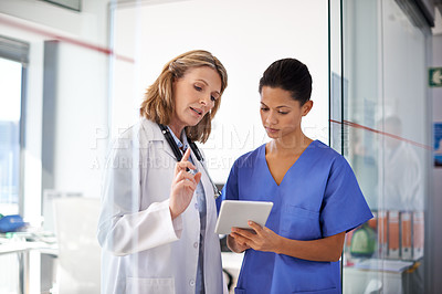 Buy stock photo Shot of a female doctor giving a nurse instructions at a hospital