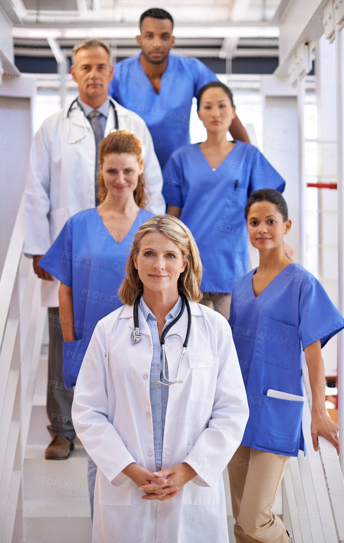 Buy stock photo Portrait, group of people and medical staff in clinic for surgery, checkup or consultation. Teamwork, diversity and collaboration as doctors with pride in healthcare, medicine or wellness in hospital