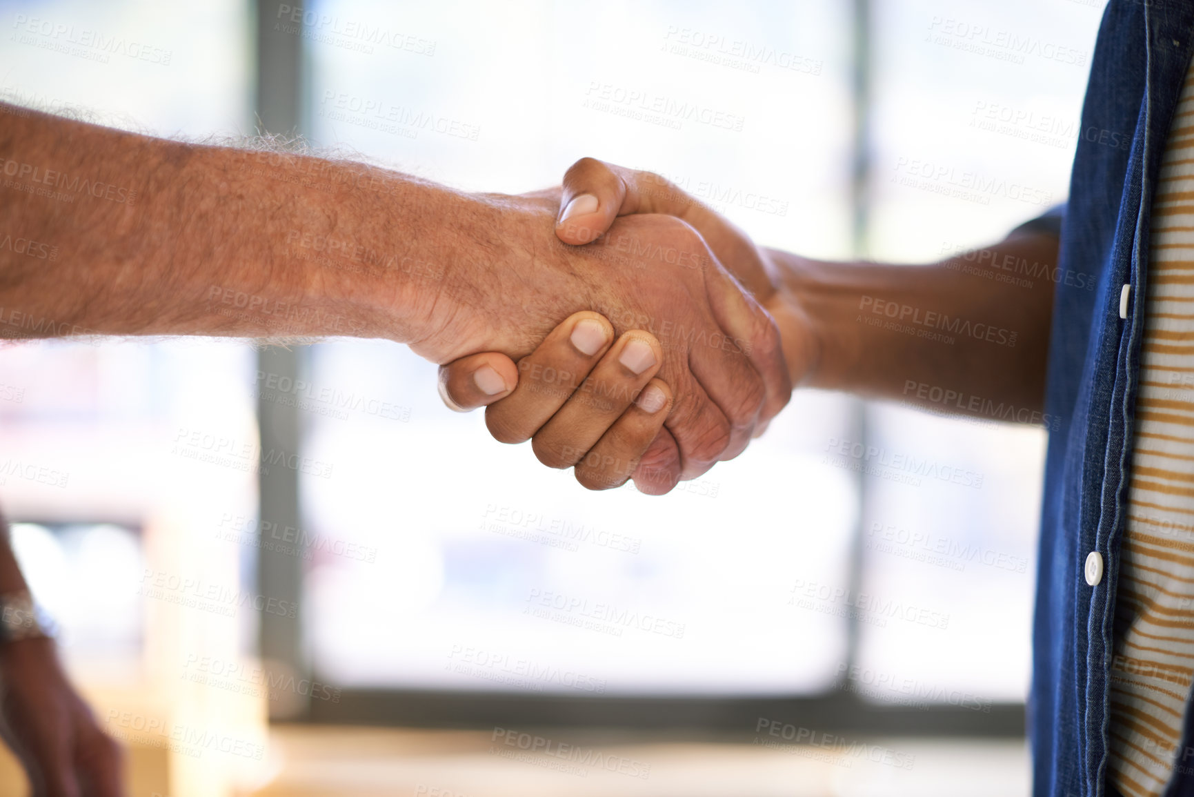 Buy stock photo Shaking hands, office and closeup for agreement, deal or welcome with greeting, respect or teamwork. People, handshake and introduction in collaboration, success or congratulations at creative agency