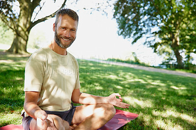 Buy stock photo Portrait, yoga and man in park, meditation and smile with wellness, morning routine and lotus. Face, person and guy with exercise, outdoor and summer with break, zen and chakra with fitness or nature