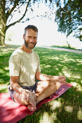 Buy stock photo Portrait, yoga mat and man with smile, meditation and zen with wellness, morning routine and lotus. Face, person and guy with exercise, outdoor and summer with break, nature and chakra with fitness