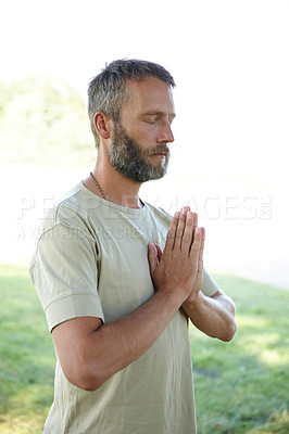 Buy stock photo Praying, hands and mature man with yoga in park for meditation, holistic wellness and mindfulness. Outdoor, peaceful person or namaste pose in nature for zen, spiritual healing or posture for balance