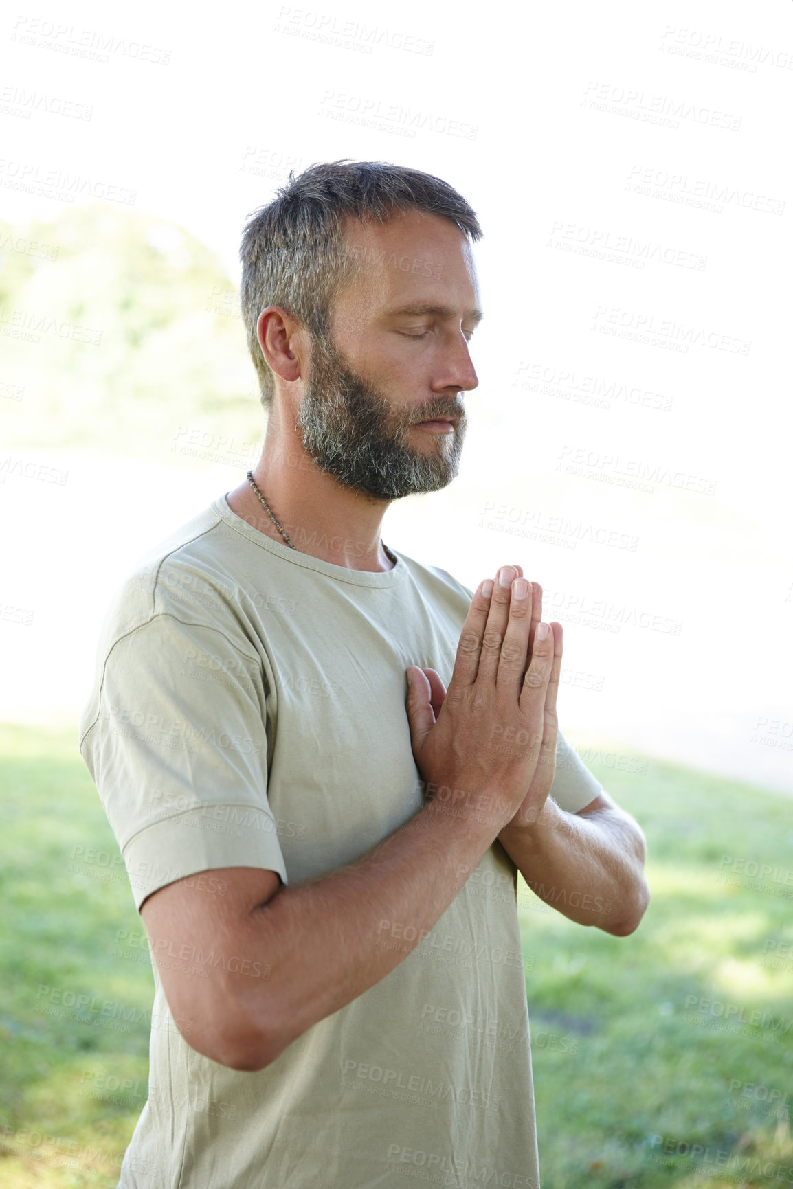 Buy stock photo Praying, hands and mature man with yoga in park for meditation, holistic wellness and mindfulness. Outdoor, peaceful person or namaste pose in nature for zen, spiritual healing or posture for balance