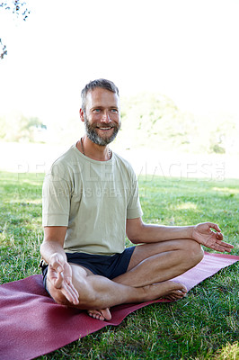 Buy stock photo Happy, yoga and man in park, meditation and smile with wellness, morning routine and benefits. Lotus, person and guy with exercise, outdoor or balance with break, zen or chakra with fitness or nature