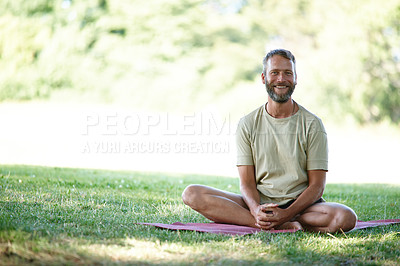 Buy stock photo Portrait, yoga and man in park, fitness and smile with wellness, pilates and balance. Face, healthy person or guy with exercise, outdoor and relax with break, zen or chakra with nature and meditation