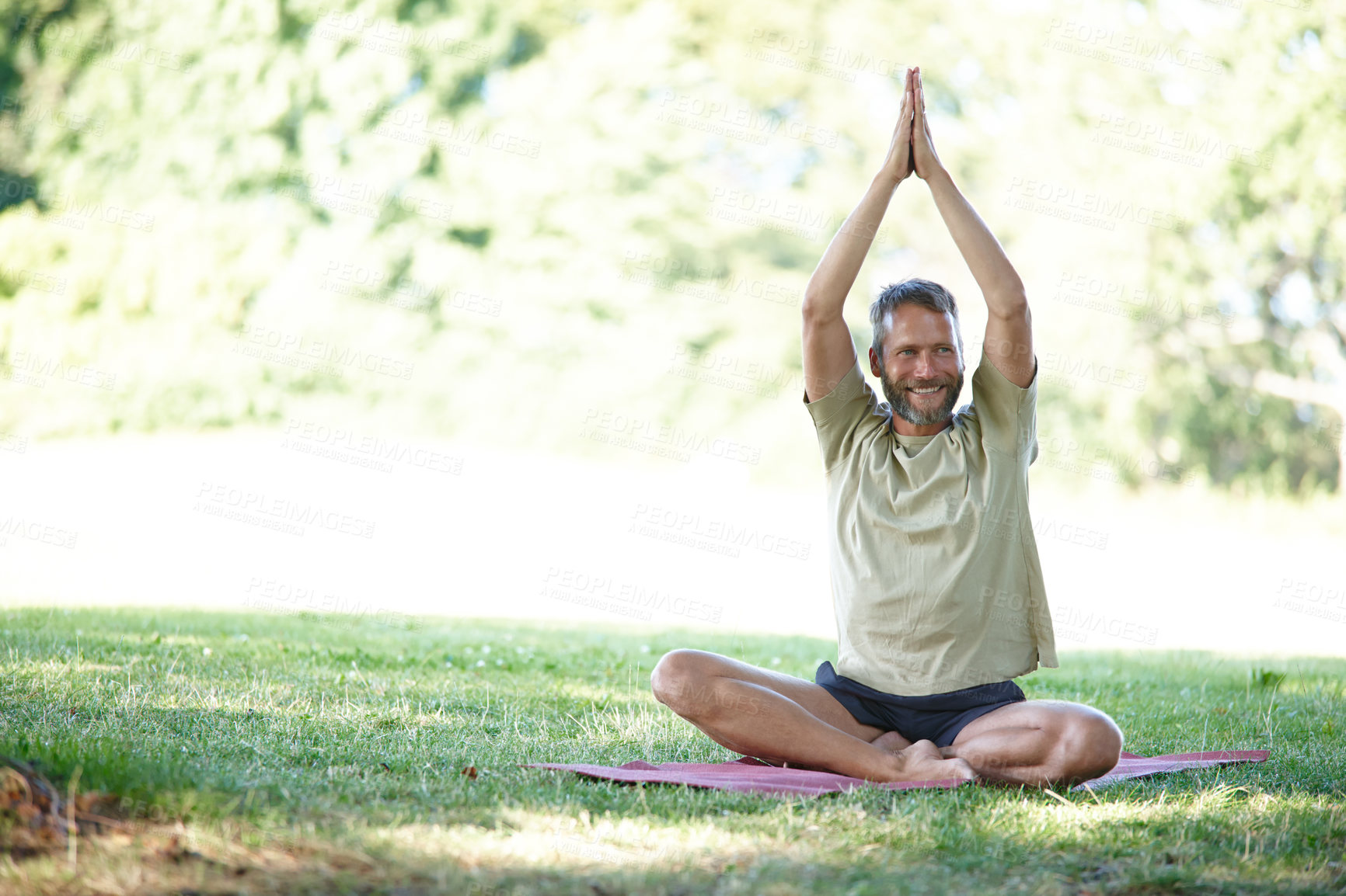 Buy stock photo Praying, hands and man with yoga in park for meditation, holistic wellness and mindfulness. Outdoor, mature person and namaste pose in nature for zen, spiritual healing or posture for balance on mat