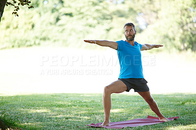 Buy stock photo Mature, man and stretching at park with yoga for exercise, balance and mobility on mat. Pilates, yogi and person with warrior pose in nature for workout, holistic wellness and posture with fitness